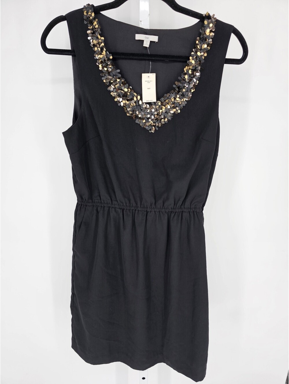 GAP Womens Sz M Knee Length Dress Sleeveless Black Gold Sequin Neckline NEW